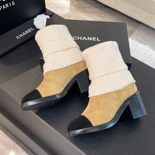 CC Sock Ankle Boots Block Heel 6cm Beige Black Suede Knit 958123