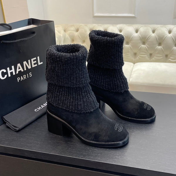 CC Sock Ankle Boots Block Heel 6cm Black Suede Knit 958122