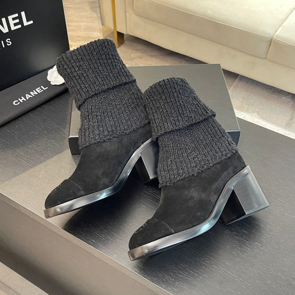 CC Sock Ankle Boots Block Heel 6cm Black Suede Leather 958121