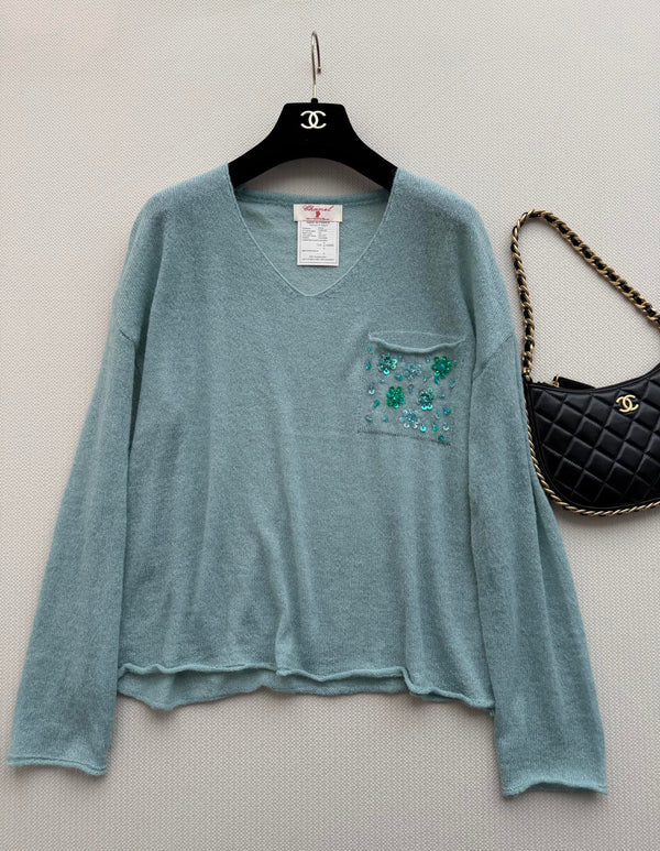 CC V-Neck Sequin Blue Knit Sweater 417716