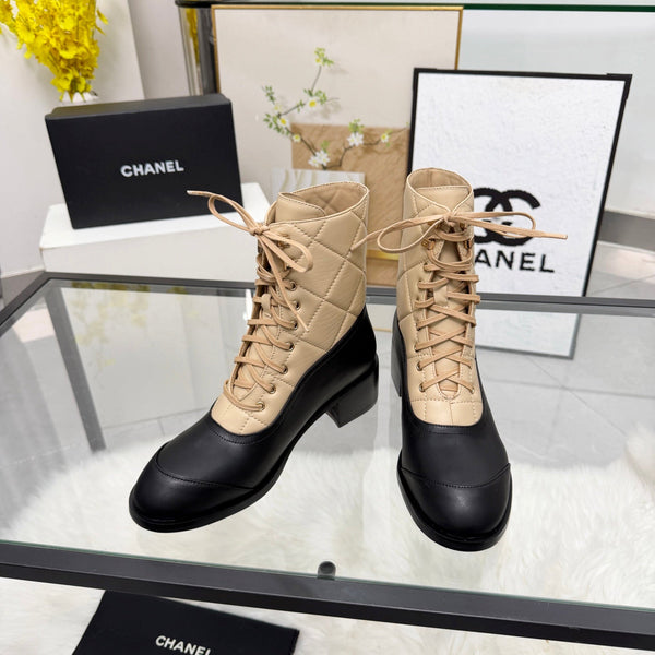 CC Lace-Up Ankle Boots 5CM Beige Black Quilted Leather 958902