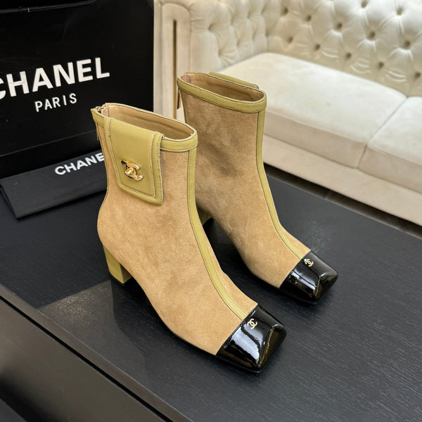 CC Ankle Boots White Square Toe Beige Black Suede Leather 958073
