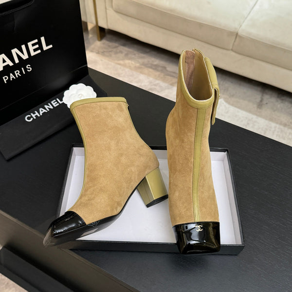 CC Ankle Boots White Square Toe Beige Black Suede Leather 958073
