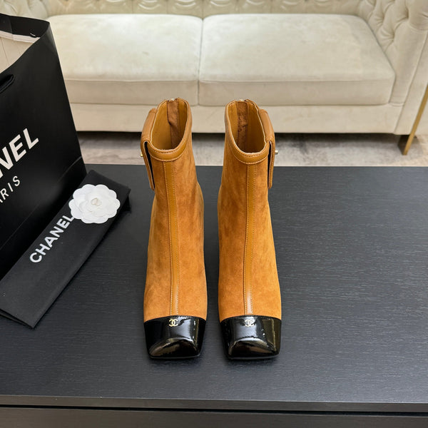 CC Ankle Boots White Square Toe Camel Black Suede Leather 958070