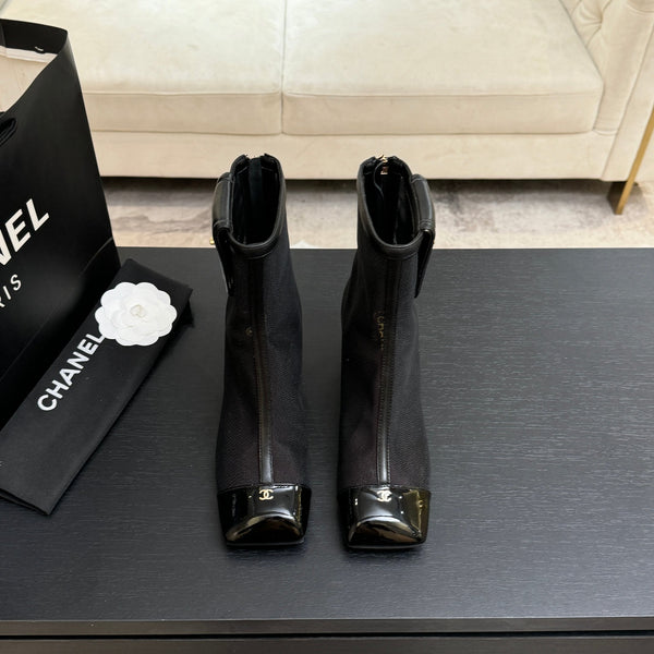 CC Ankle Boots White Square Toe Black Mesh Patent Leather 958069