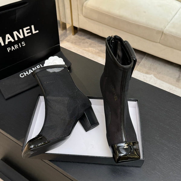 CC Ankle Boots White Square Toe Black Mesh Patent Leather 958069