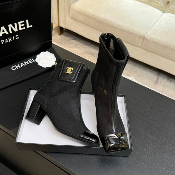 CC Ankle Boots White Square Toe Black Mesh Patent Leather 958069