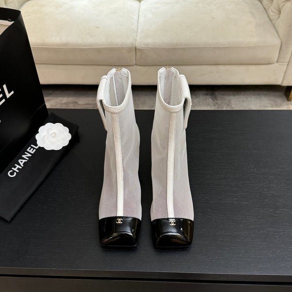 CC Ankle Boots White Square Toe White Black Mesh Patent Leather 958068