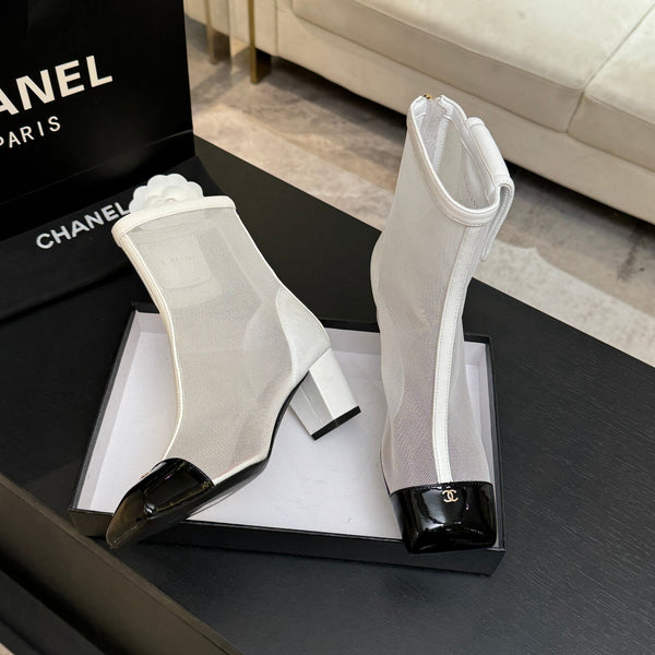 CC Ankle Boots White Square Toe White Black Mesh Patent Leather 958068