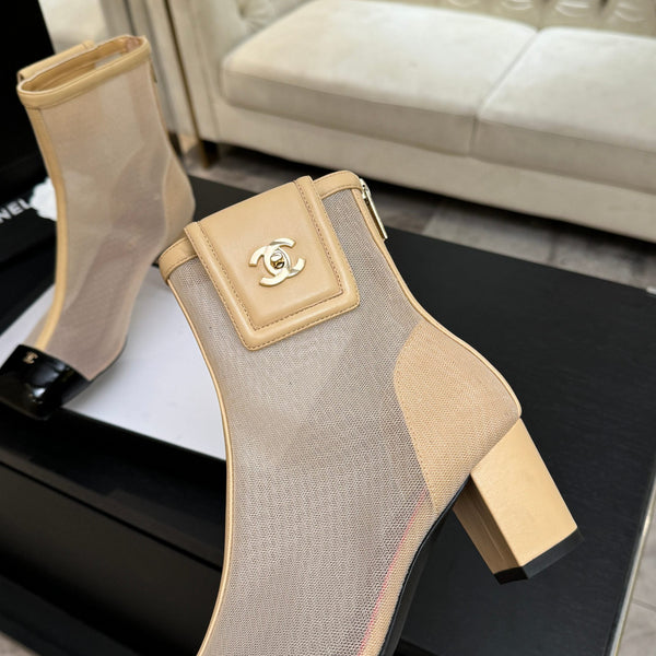 CC Ankle Boots White Square Toe Beige Black Mesh Patent Leather 958066