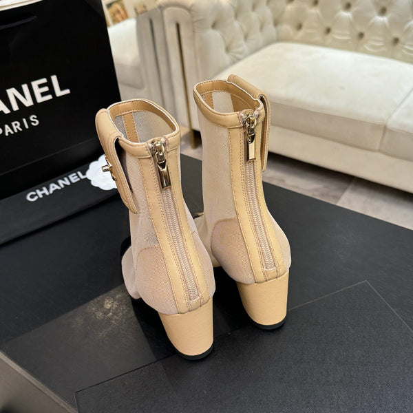 CC Ankle Boots White Square Toe Beige Black Mesh Patent Leather 958066