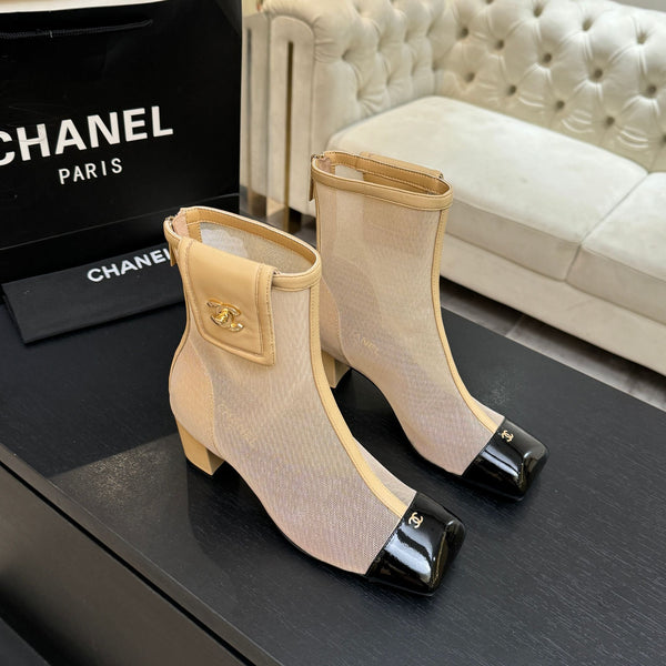 CC Ankle Boots White Square Toe Beige Black Mesh Patent Leather 958066