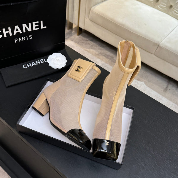 CC Ankle Boots White Square Toe Beige Black Mesh Patent Leather 958066