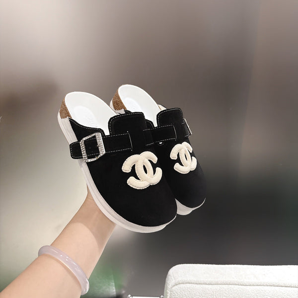 CC Slip-On Mules Crystal Buckle Black Suede 960365