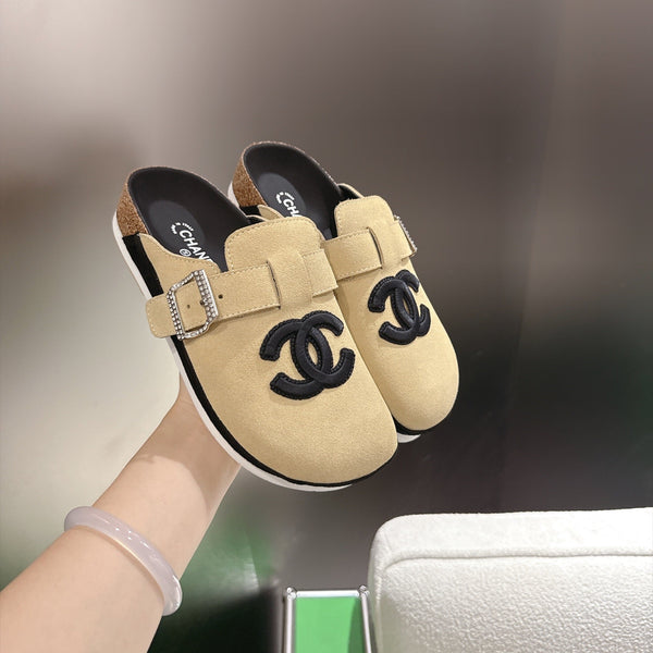 CC Slip-On Mules Crystal Buckle Beige Suede 960364