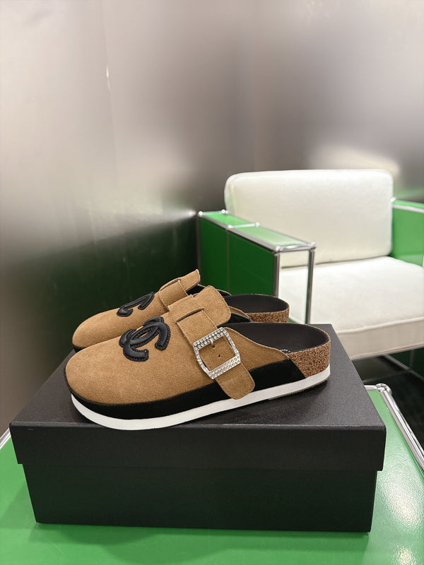 CC Slip-On Mules Crystal Buckle Brown Suede 960362