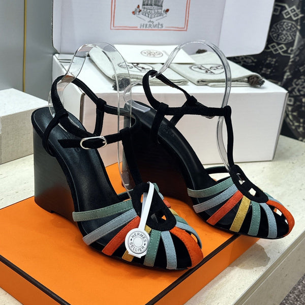 HM Wedge Sandals 10.5CM Black Multicolor Suede 959360