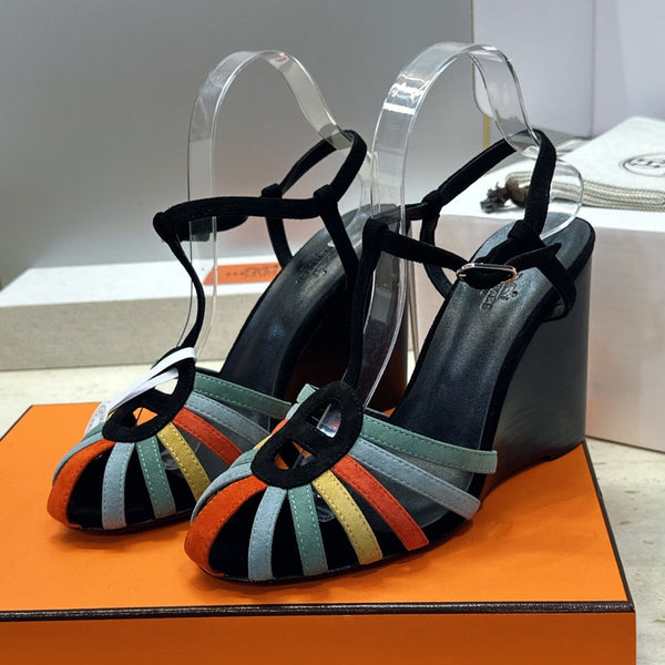 HM Wedge Sandals 10.5CM Black Multicolor Suede 959360