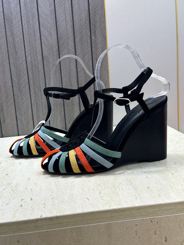 HM Wedge Sandals 10.5CM Black Multicolor Suede 959360