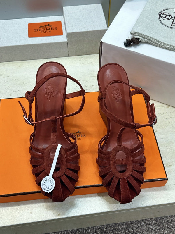 HM Wedge Sandals 10.5CM Dark Brown Suede 959359