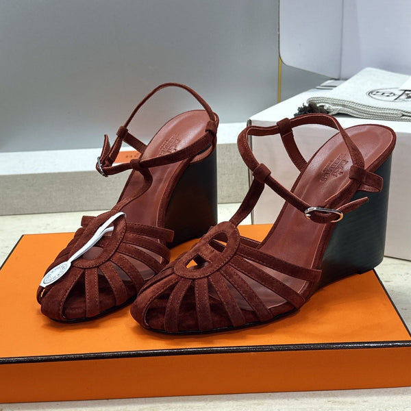HM Wedge Sandals 10.5CM Dark Brown Suede 959359