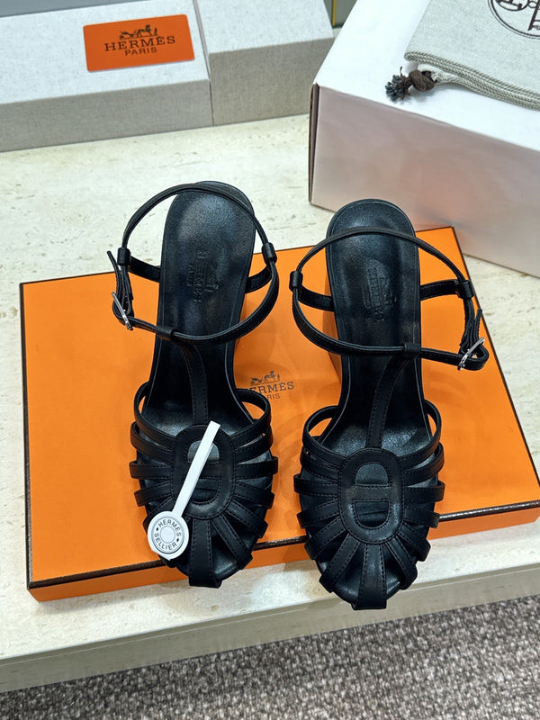 HM Wedge Sandals 10.5CM Black Leather 959357