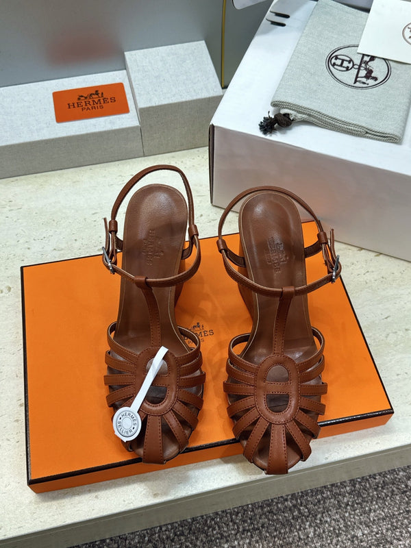 HM Wedge Sandals 10.5CM Brown Leather 959355