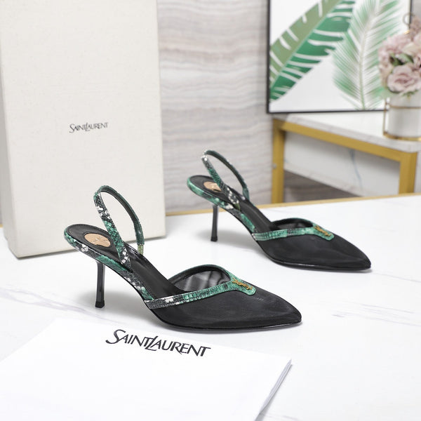 YSL Folie Slingback Pumps 6.5cm Black Mesh Green Leather 961602