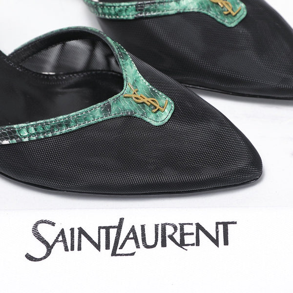YSL Folie Slingback Pumps 6.5cm Black Mesh Green Leather 961602