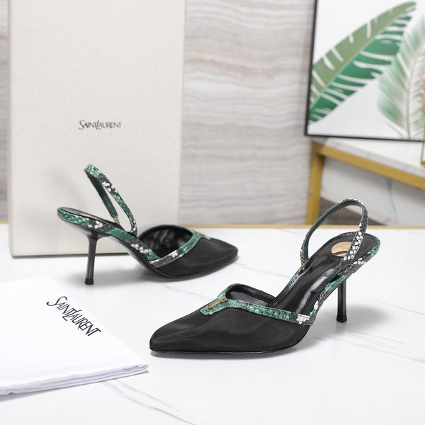 YSL Folie Slingback Pumps 6.5cm Black Mesh Green Leather 961602
