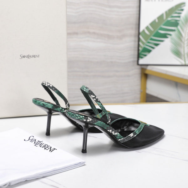 YSL Folie Slingback Pumps 6.5cm Black Mesh Green Leather 961602