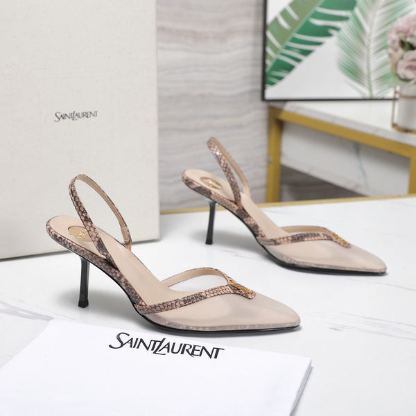 YSL Folie Slingback Pumps 6.5cm Beige Mesh Black Leather 961600