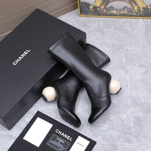 CC 26s Mid-Calf Boots Pearl Ball Heel 6.5CM Black Calfskin 961584