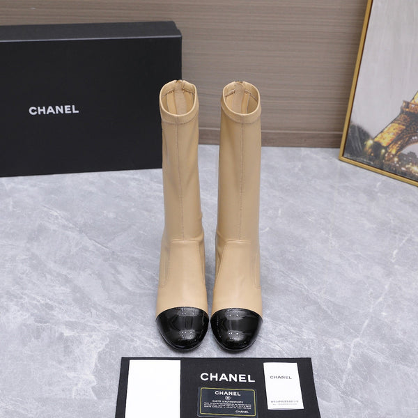 CC 26s Mid-Calf Boots Pearl Ball Heel 6.5CM Beige Calfskin 961583