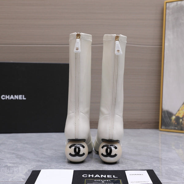 CC 26s Mid-Calf Boots Pearl Ball Heel 6.5CM White Calfskin 961582