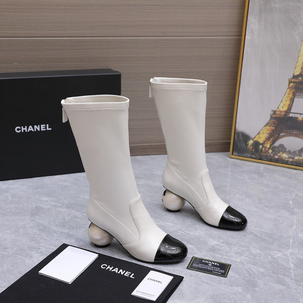 CC 26s Mid-Calf Boots Pearl Ball Heel 6.5CM White Calfskin 961582