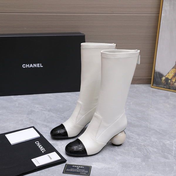 CC 26s Mid-Calf Boots Pearl Ball Heel 6.5CM White Calfskin 961582