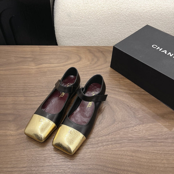 CC Square-Toe Mary Jane Flats Black Gold Lambskin 961513