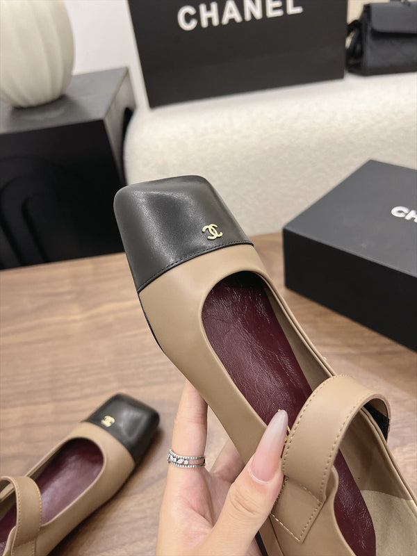 CC Square-Toe Mary Jane Flats Beige Black Lambskin 961512