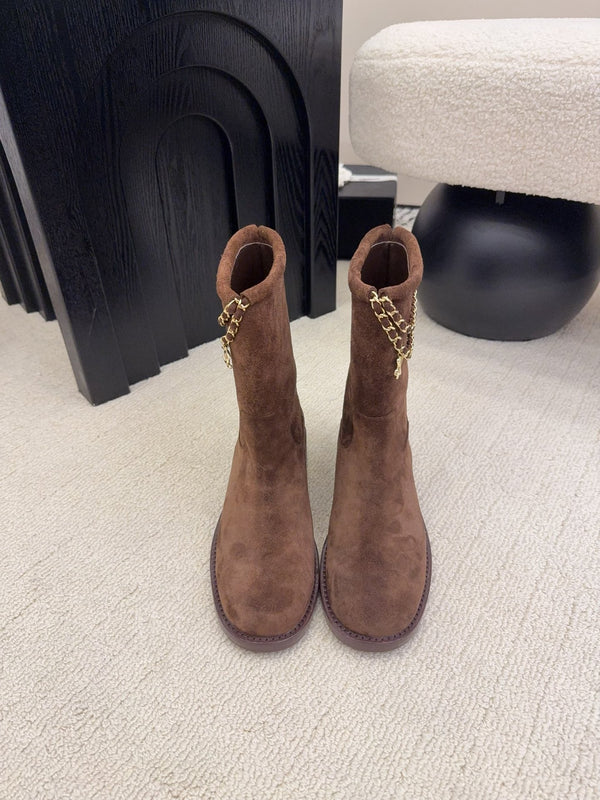 CC Mid-Calf Boots 4CM Gold Chain Charm Brown Knit Suede 961503