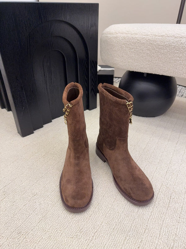 CC Mid-Calf Boots 4CM Gold Chain Charm Brown Knit Suede 961503