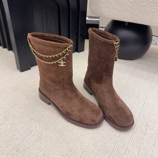 CC Mid-Calf Boots 4CM Gold Chain Charm Brown Knit Suede 961503