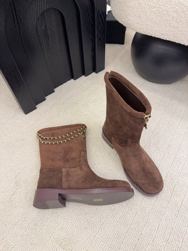 CC Mid-Calf Boots 4CM Gold Chain Charm Brown Knit Suede 961503