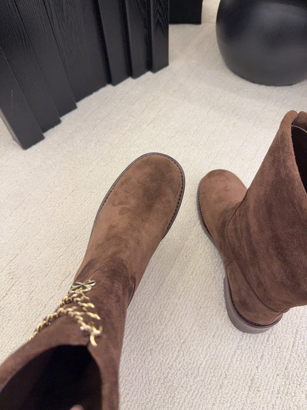 CC Mid-Calf Boots 4CM Gold Chain Charm Brown Knit Suede 961503