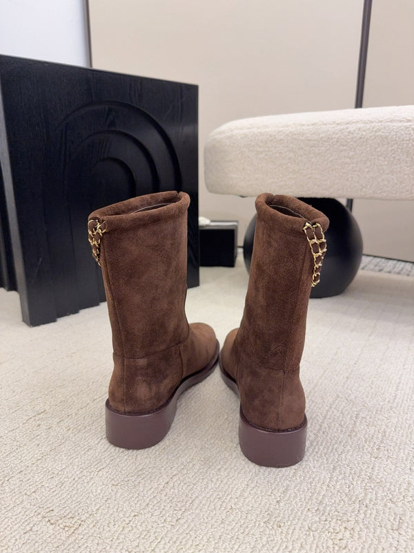 CC Mid-Calf Boots 4CM Gold Chain Charm Brown Knit Suede 961503