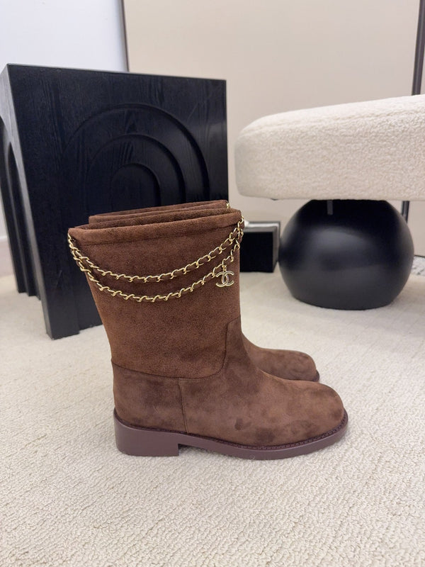 CC Mid-Calf Boots 4CM Gold Chain Charm Brown Knit Suede 961503