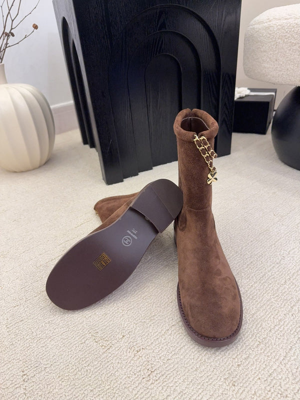 CC Mid-Calf Boots 4CM Gold Chain Charm Brown Knit Suede 961503