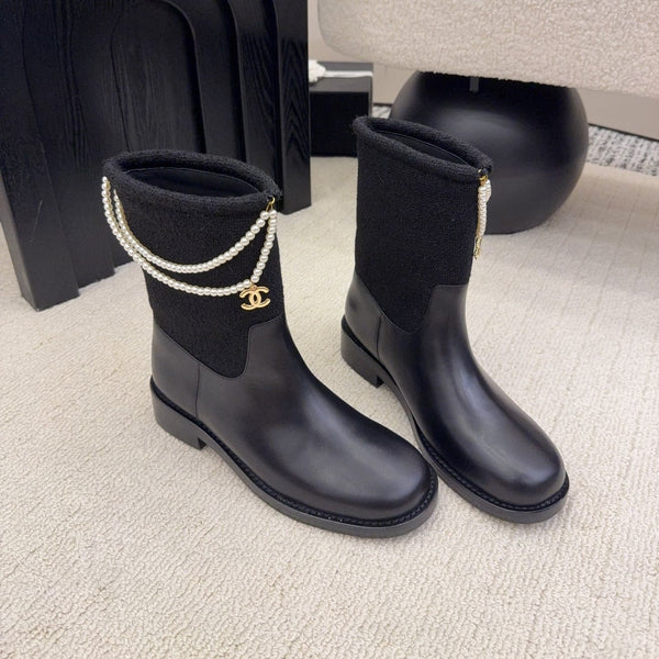 CC Mid-Calf Boots 4CM Pearl Chain Gold Charm Black Knit & Leather 961502
