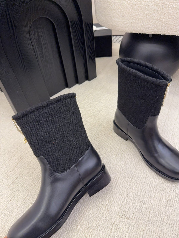 CC Mid-Calf Boots 4CM Pearl Chain Gold Charm Black Knit & Leather 961502