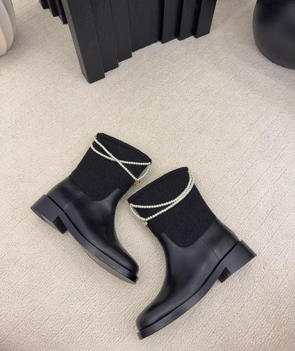 CC Mid-Calf Boots 4CM Pearl Chain Gold Charm Black Knit & Leather 961502